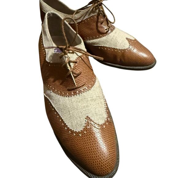 Vintage 80s-90s Phyllis Poland Two Tone Leather Linen Oxford Shoes Italy 9B - Picture 2 of 11